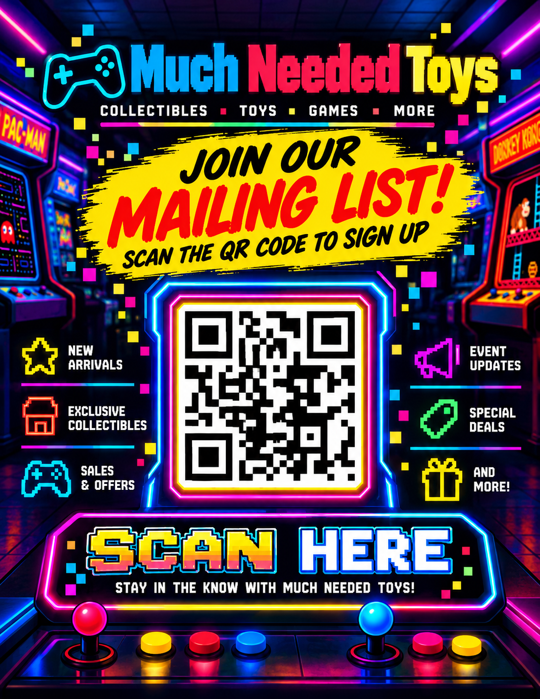 Much Needed Toys mailing list signup flyer — click to join
